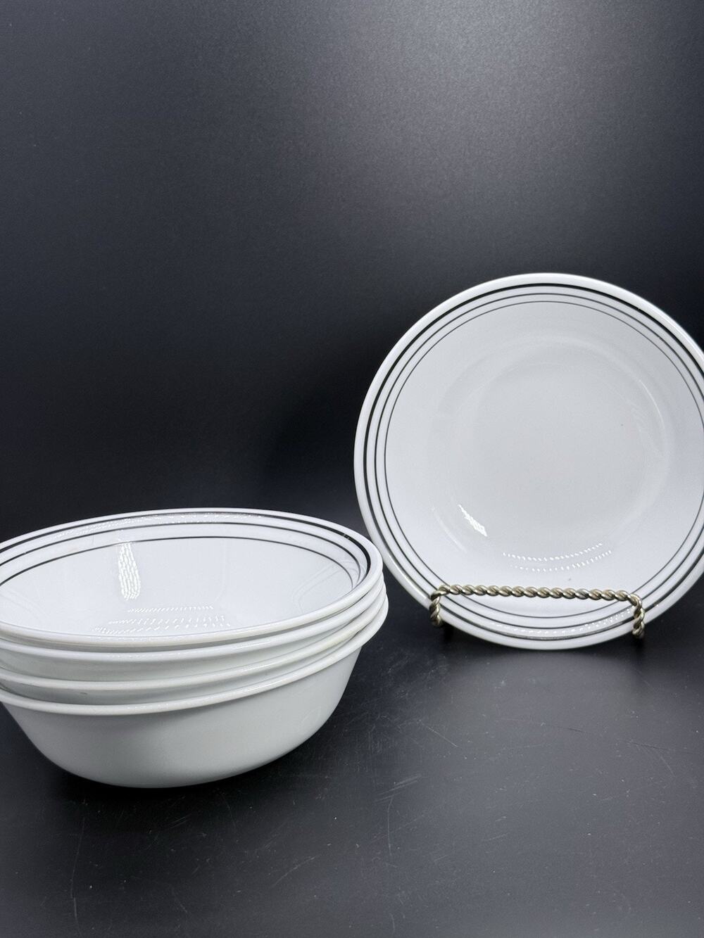 5 Corelle Classic Cafe Triple Black Stripe Soup Cereal Bowls 6.25”